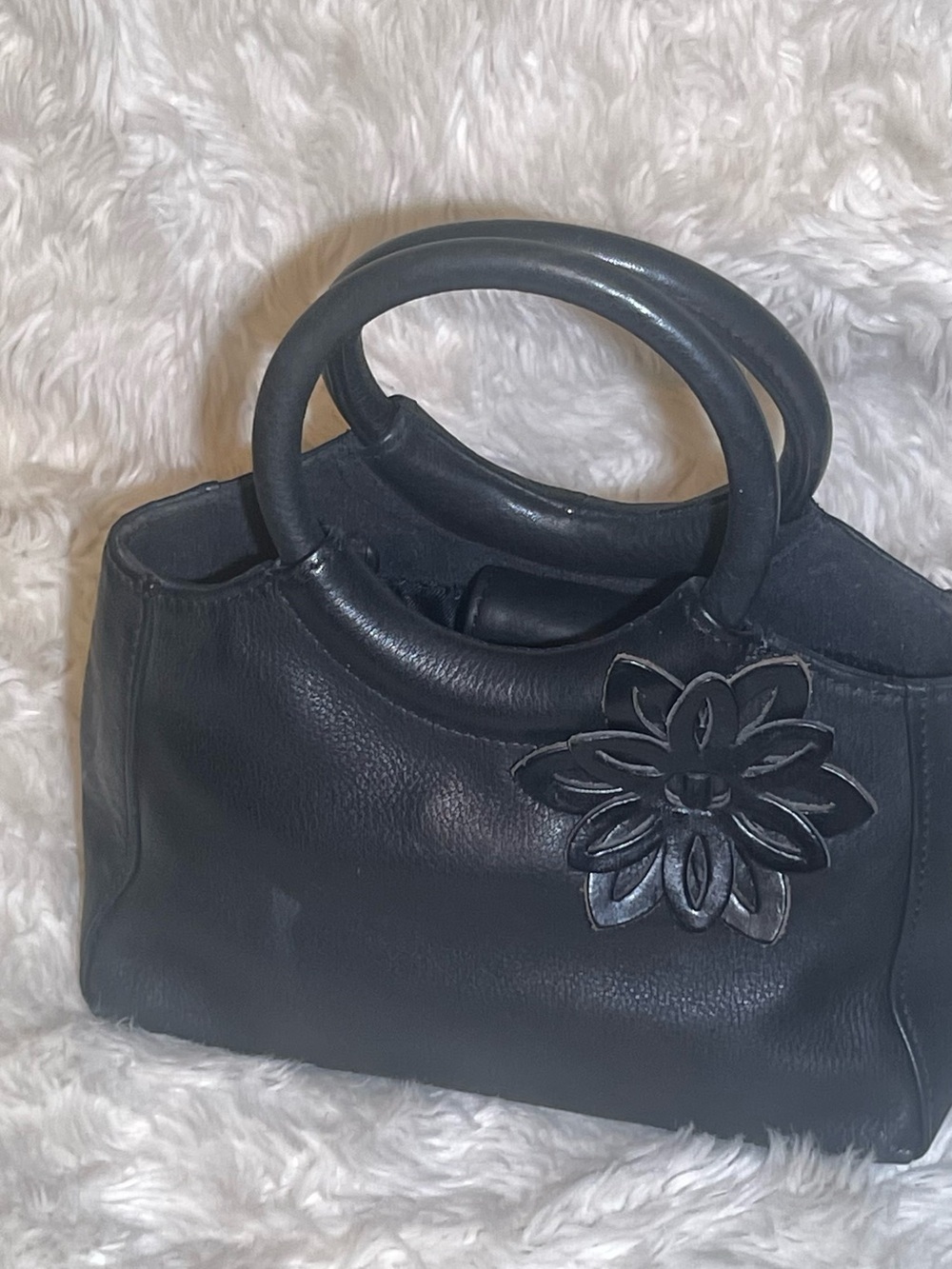 Black small Leather Handbag with Floral Accent